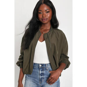Lulus Cool Perfection Olive Green Bomber Jacket - Size XL